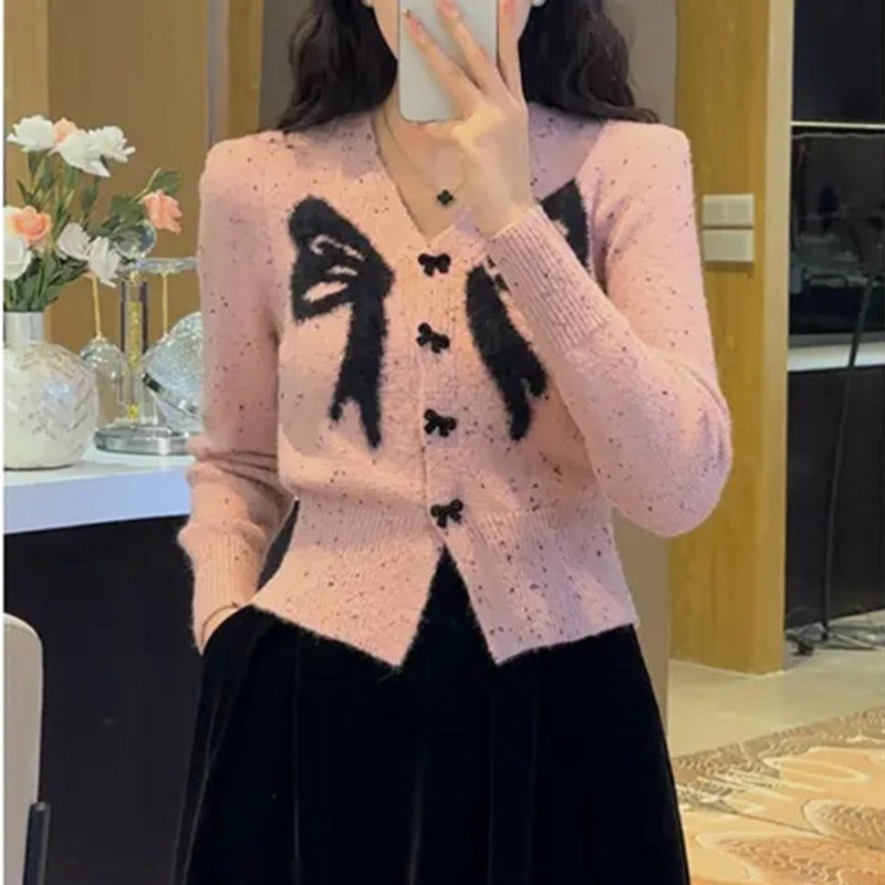 V-neck Bowknot Knitted Sweater Long Sleeve Sweater