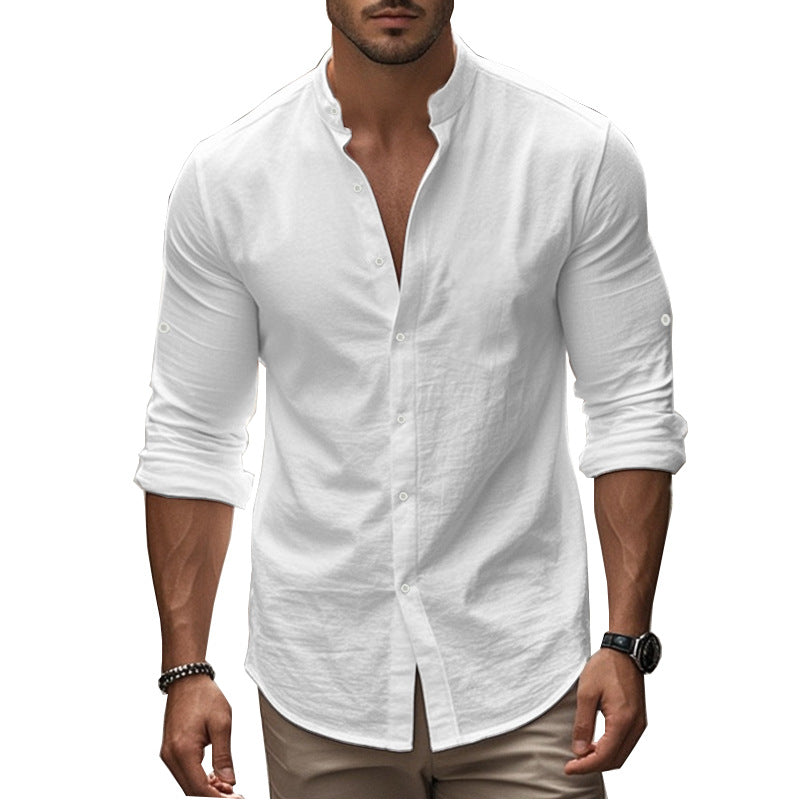 Men's Long Sleeve Standing Collar Slim Fit Casual Cotton Shirt
