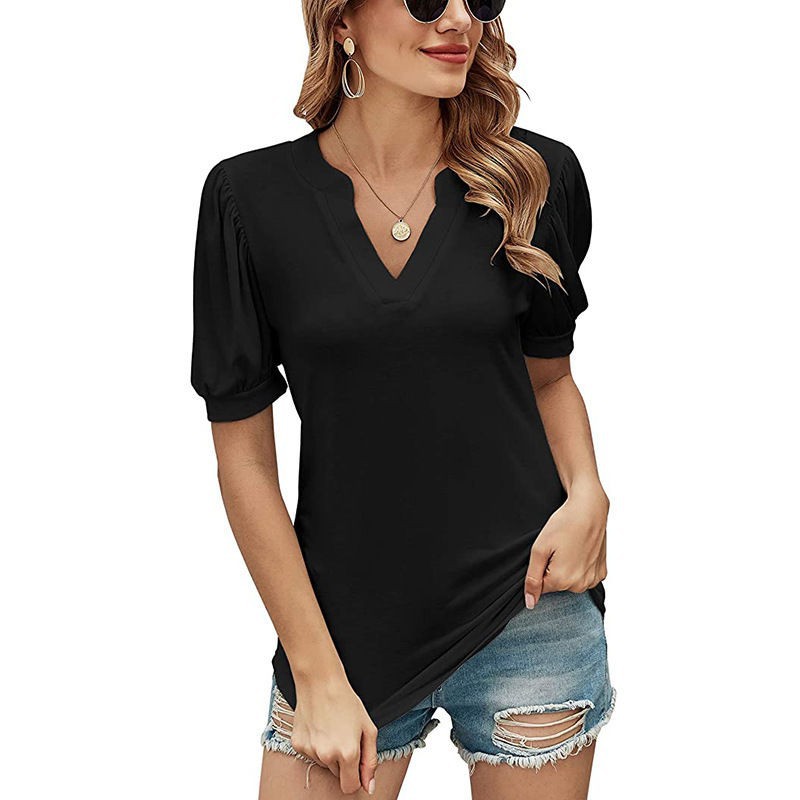 Casual V-neck Solid Color Puff Sleeve Loose T-shirt For Women