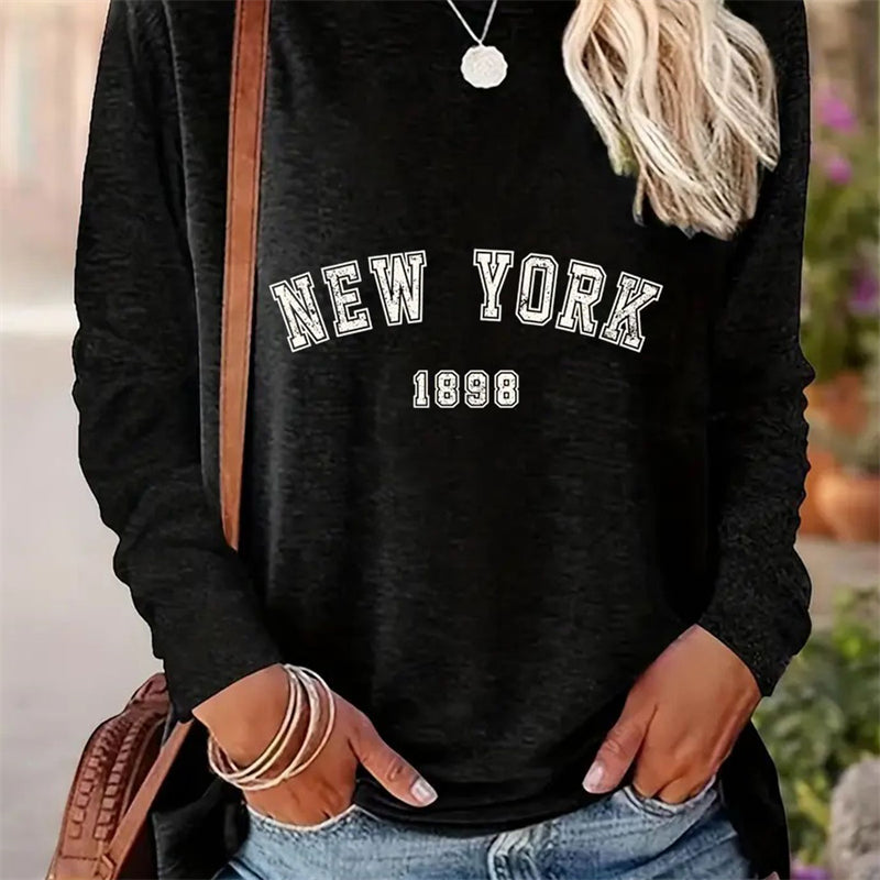 Spring And Autumn Women Casual Simple Pattern Printed Round Neck Long Sleeve T-shirt