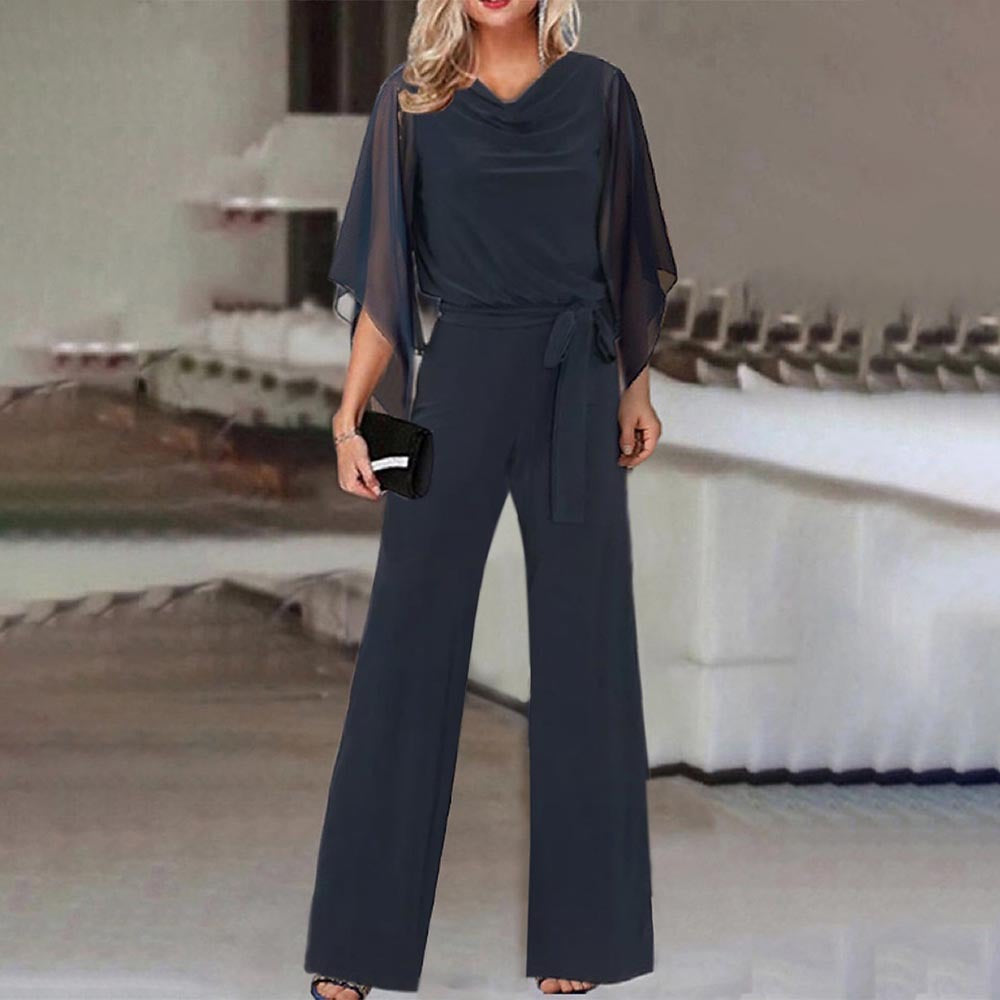 Fashion Solid Color High Waist Lace Up Casual Jumpsuit Straight-leg Pants Women