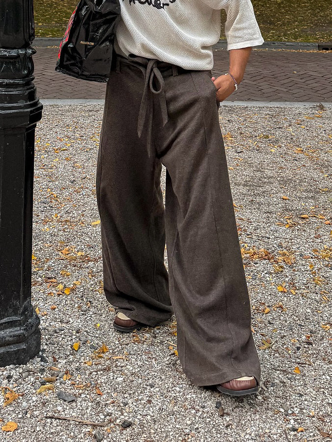 Brown Elastic Waist Drawstring Casual Pants