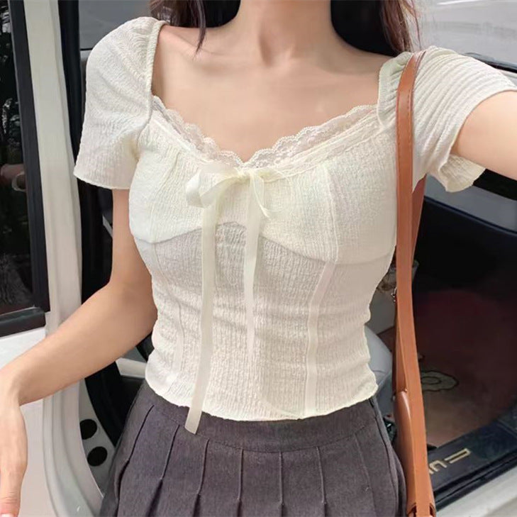 Lace Lace Square Collar Korean-style Short-sleeved T-shirt