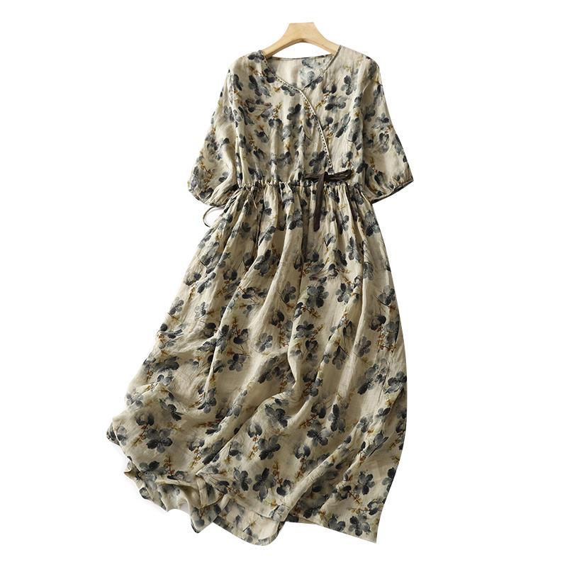 Women's Summer Thin Ramie Floral Dress