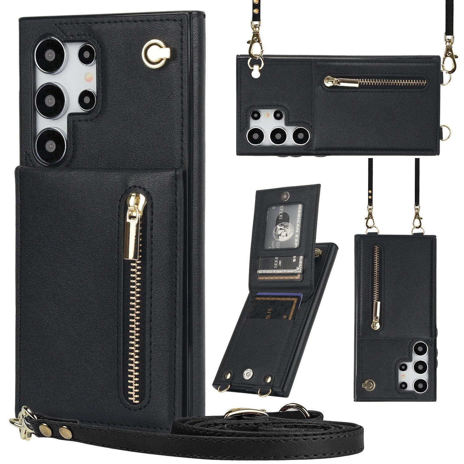 Card Crossbody Zipper Bracket Leather Phone Case