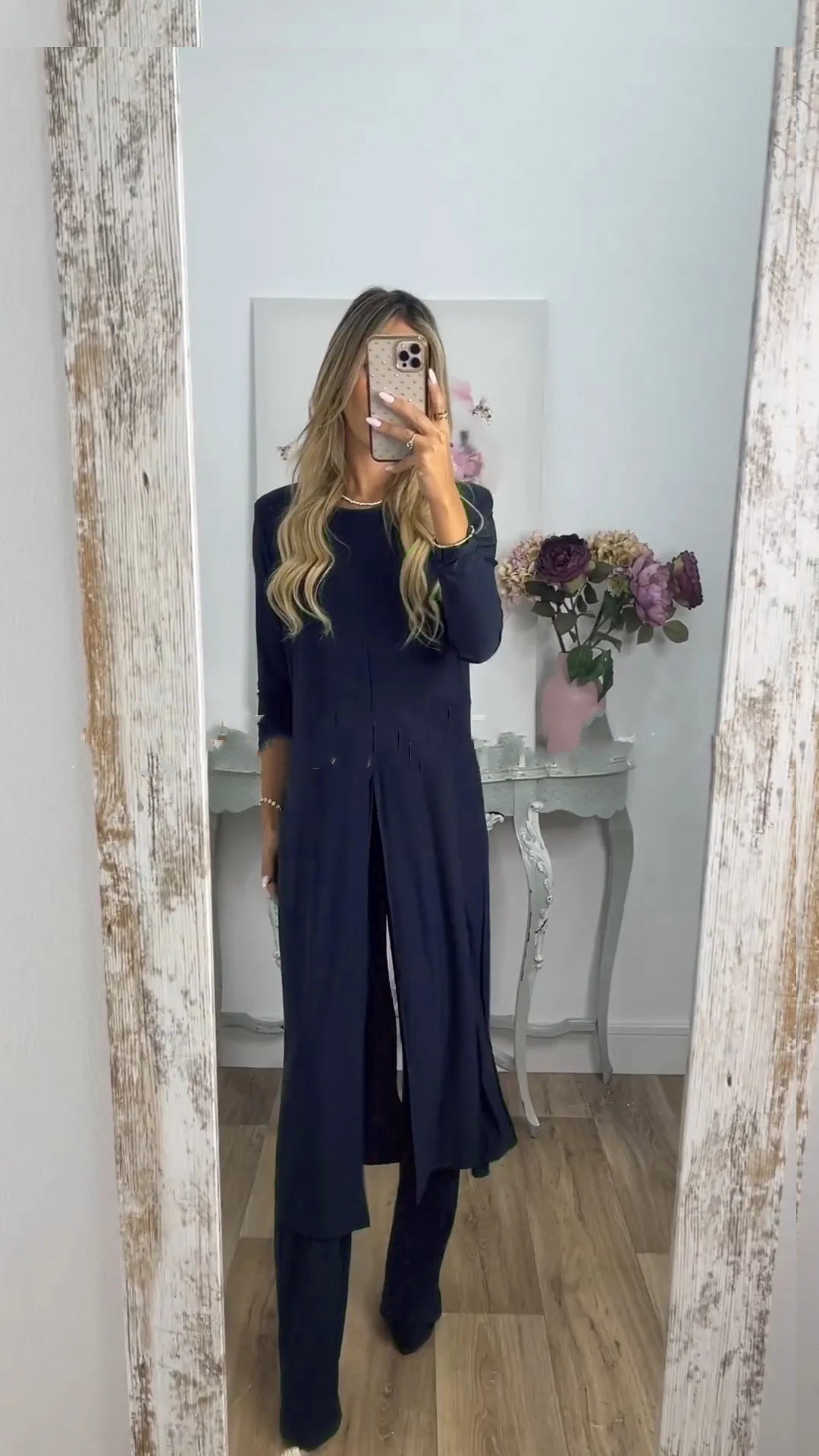 European And American Autumn New Casual Loose Round Neck Split Trousers Two-piece Set For Women