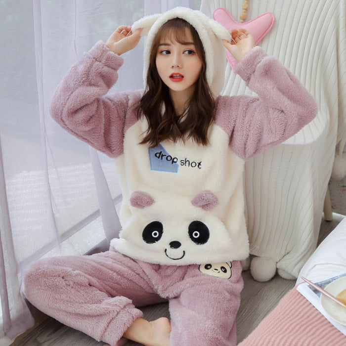 Pajamas For Female Students Thickened Hooded Warm Homewear Suit