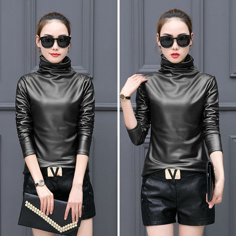 Fleece-lined Thick Leather Coat Turtleneck Bottoming Shirt For Women