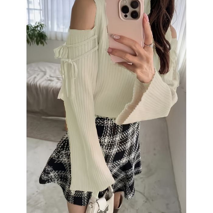 Lace-up Turtleneck Off-the-shoulder Tie-neck Flared Sleeves Sweater