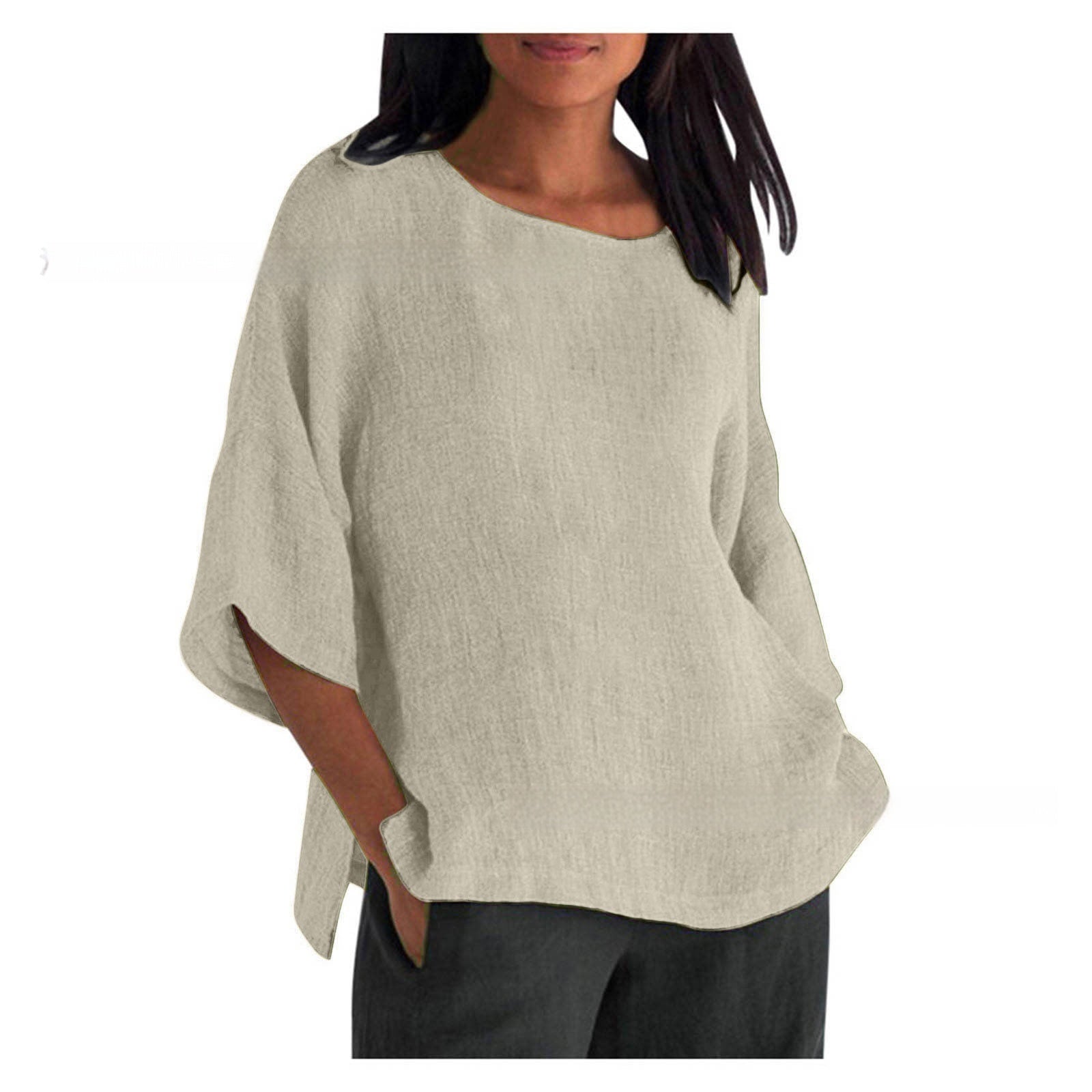 Women's Three-quarter Sleeve Round Neck Cotton And Linen Shirt Top