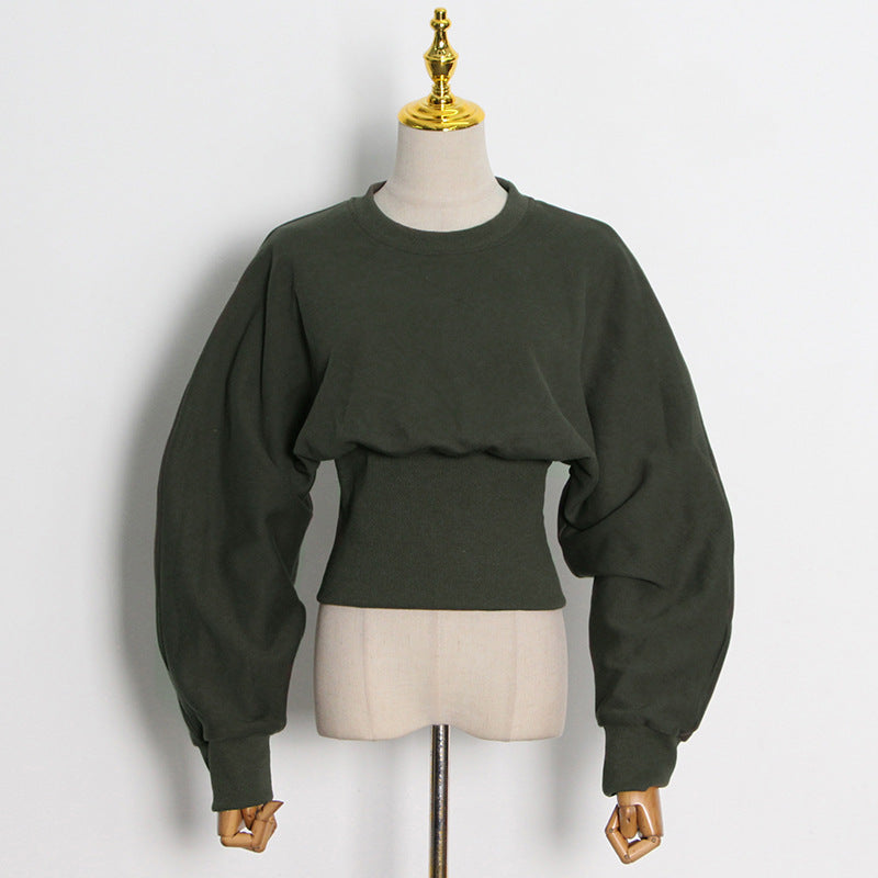 Dark Green Round Neck Pullover Commuter Waist Trimming Short Sweater