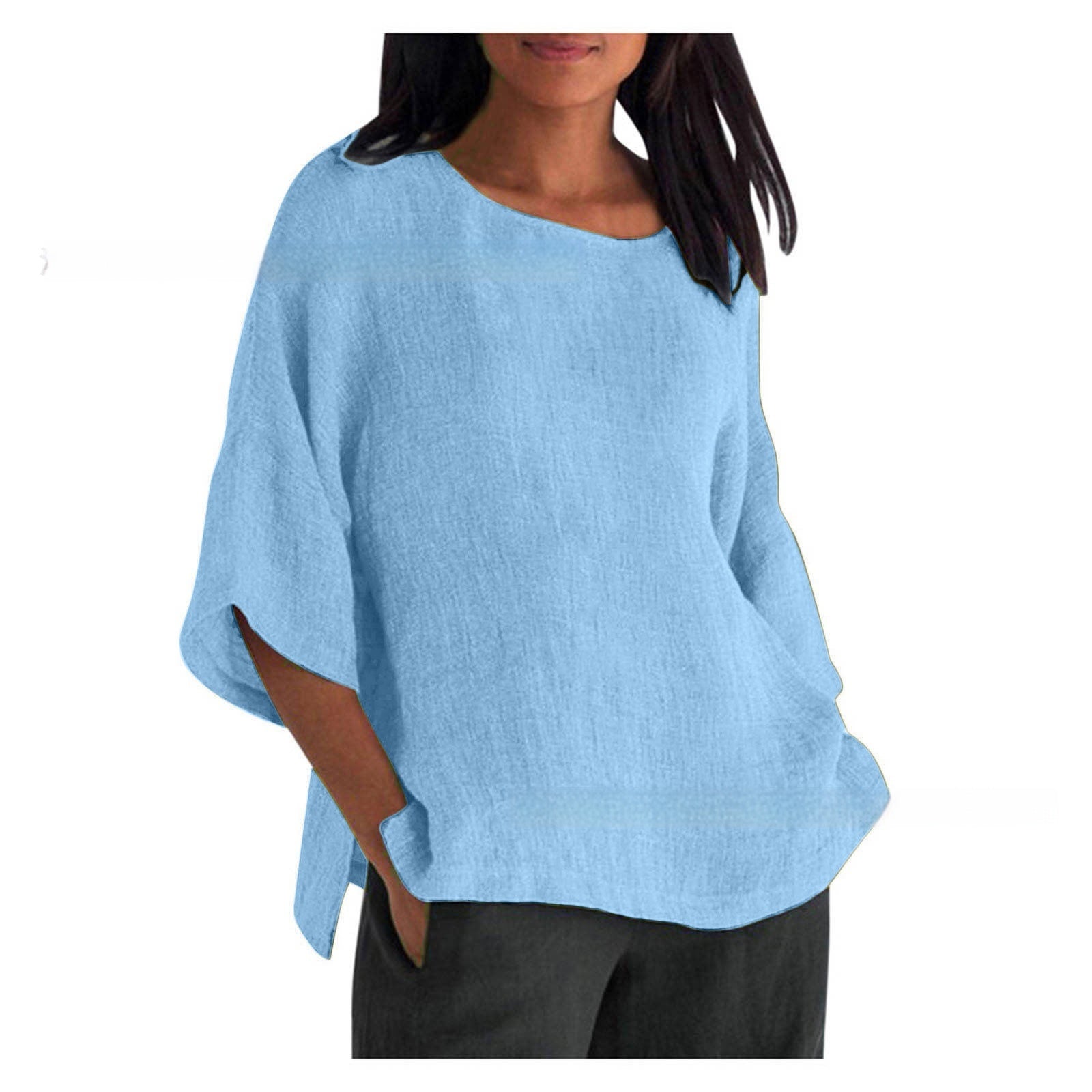 Women's Three-quarter Sleeve Round Neck Cotton And Linen Shirt Top