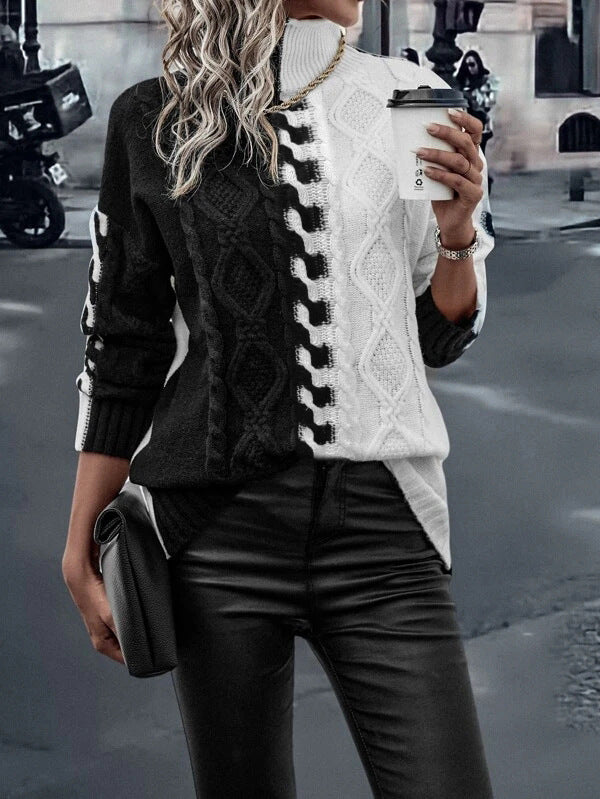 Fashion Color Contrast Black And White Splicing Knitwear Top