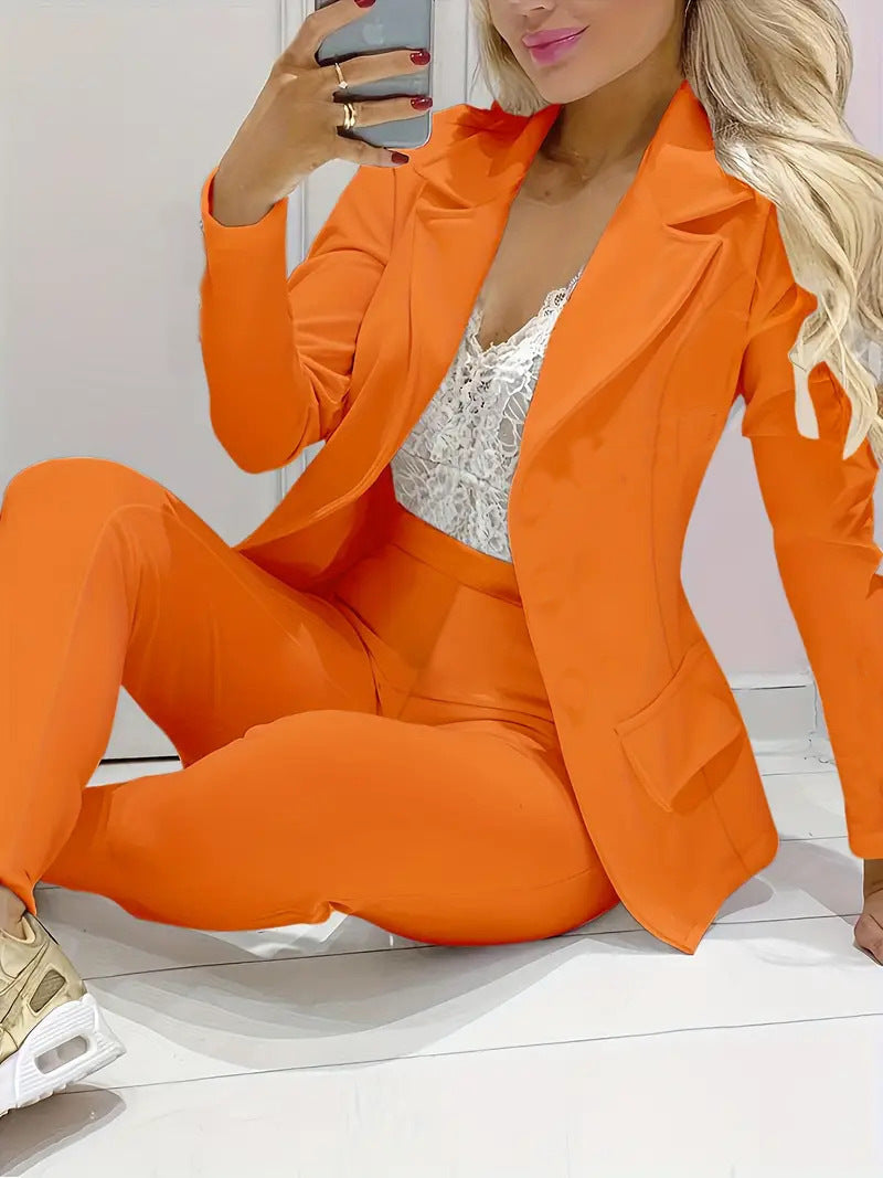 Solid Color Minimalist Long Sleeve Suit Top And Trousers Suit