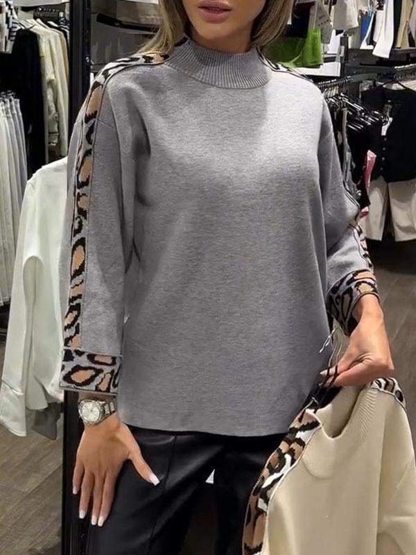 Fashion Women's Turtleneck Long Sleeve Leopard Splicing Top