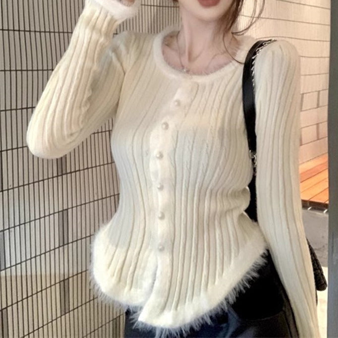 Women's Square Collar Stitching Edging Knitted Cardigan Autumn Winter Coat