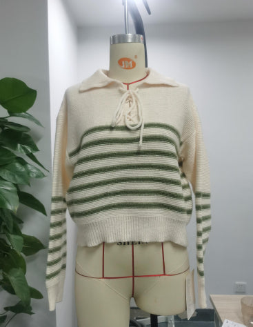 Women's Fashion Patchwork Striped Lapel Loose Knitted Sweater