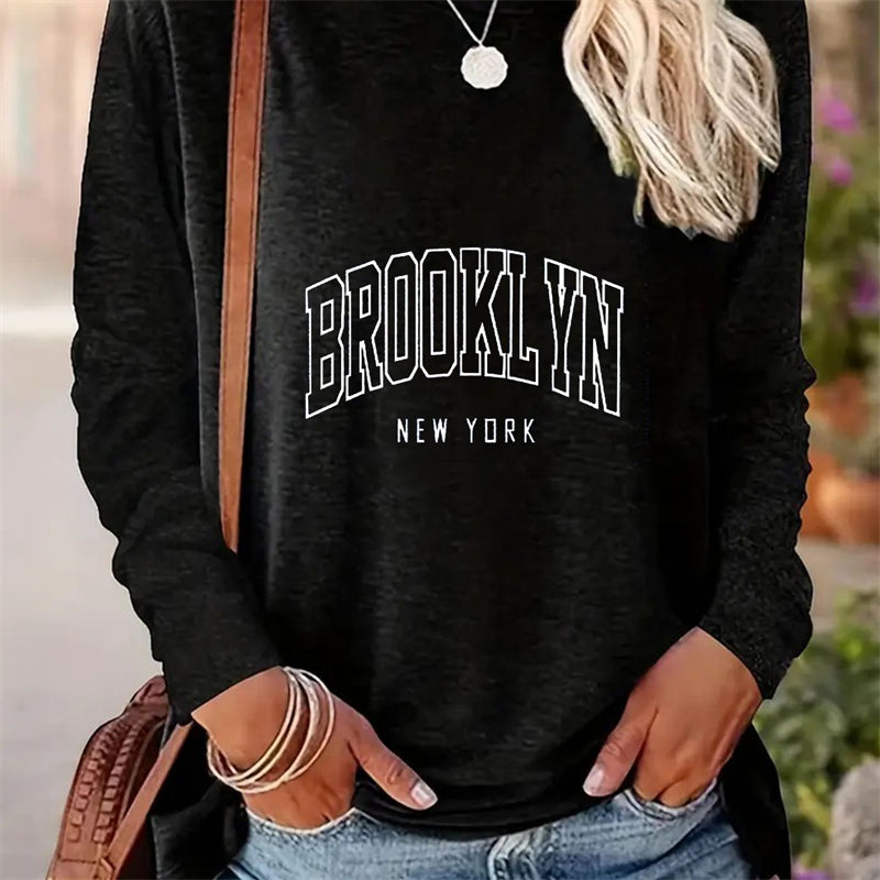 Spring And Autumn Women Casual Simple Pattern Printed Round Neck Long Sleeve T-shirt