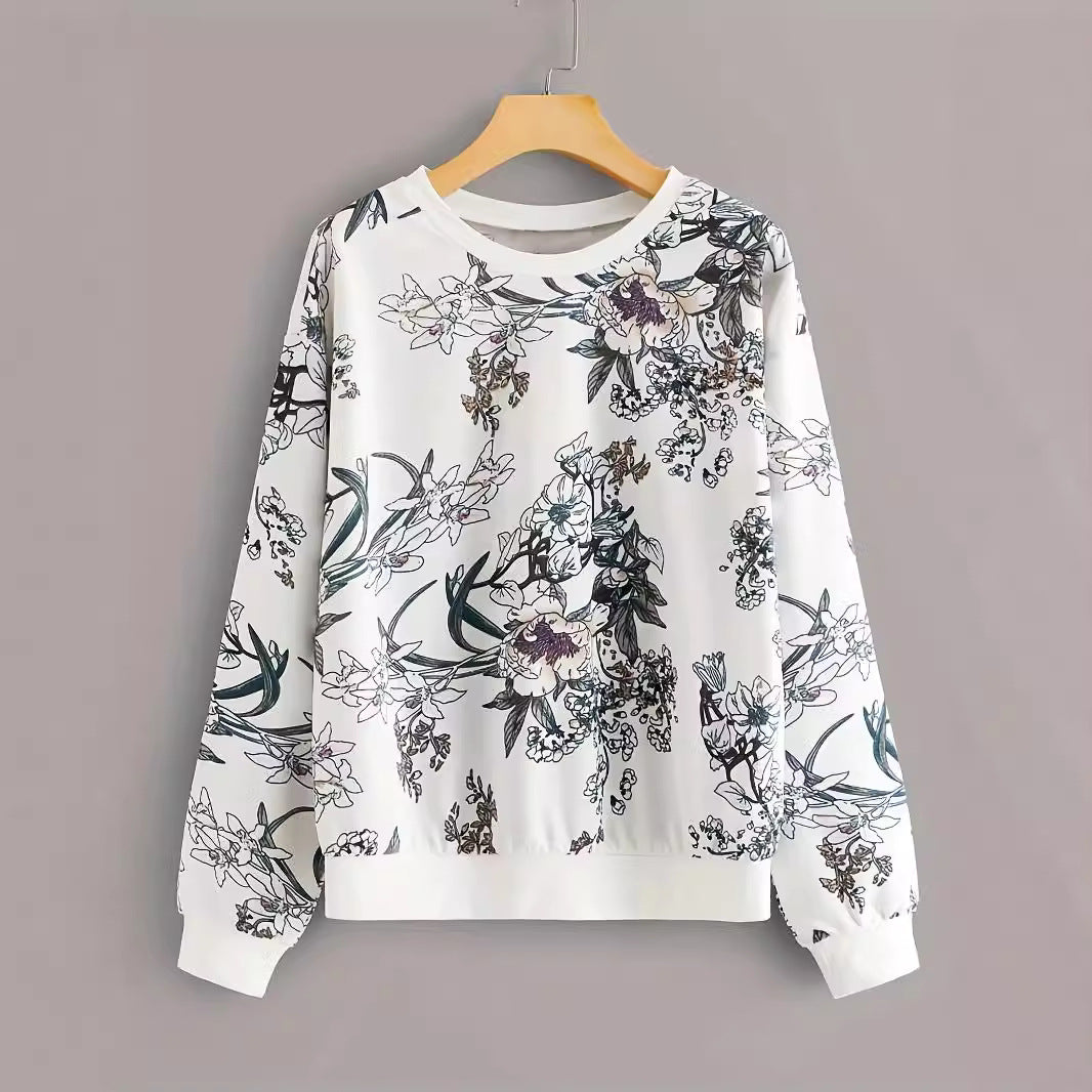 Round Neck Drop-shoulder Plant Flower Print Sweater