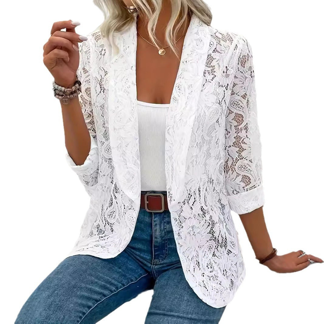 Spring And Autumn Floral Lace Elegant Lapel Long Sleeve Suit Coat