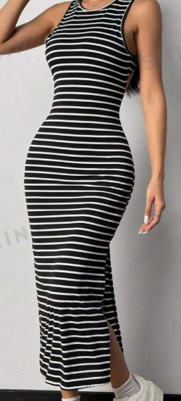 Women's Striped Backless Side Slit Dress Backless Dress