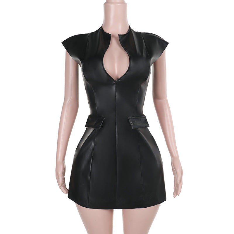 European And American Street Hot Girls Slim Deep V Waist Leather Dress