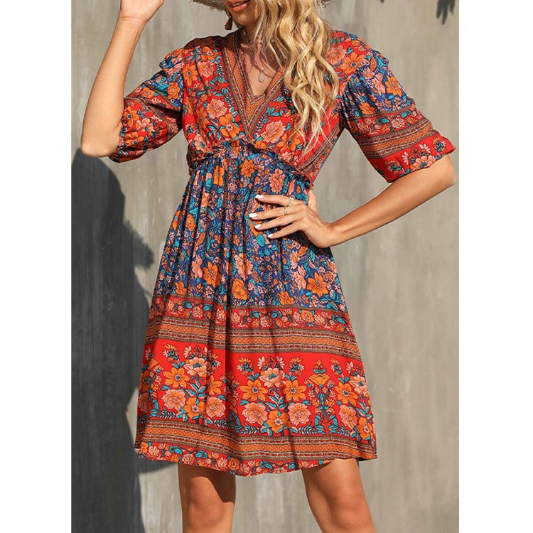 V-neck Short Sleeve Vintage Print Dress