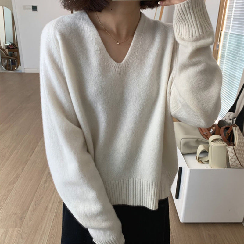 Simple Basic V-neck Casual Style Knitwear Soft Glutinous Small Short Bottoming Shirt Sweater