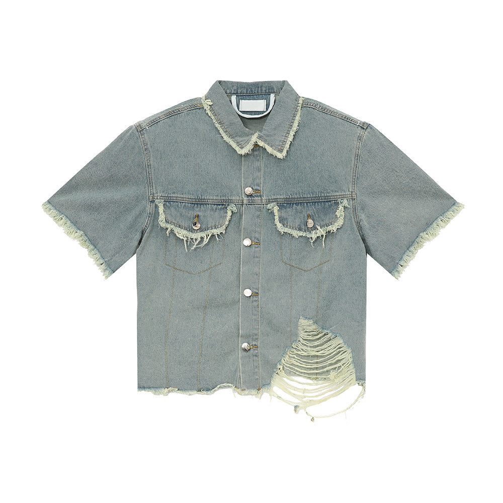 American Pu Shuai Burrs Tassels Broken Hole Design Denim Suit