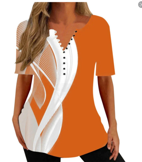 Women's V-neck Short-sleeved Summer 3D Printed Button T-shirt