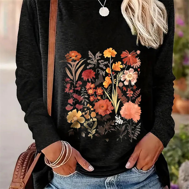 Spring And Autumn Women Casual Simple Pattern Printed Round Neck Long Sleeve T-shirt