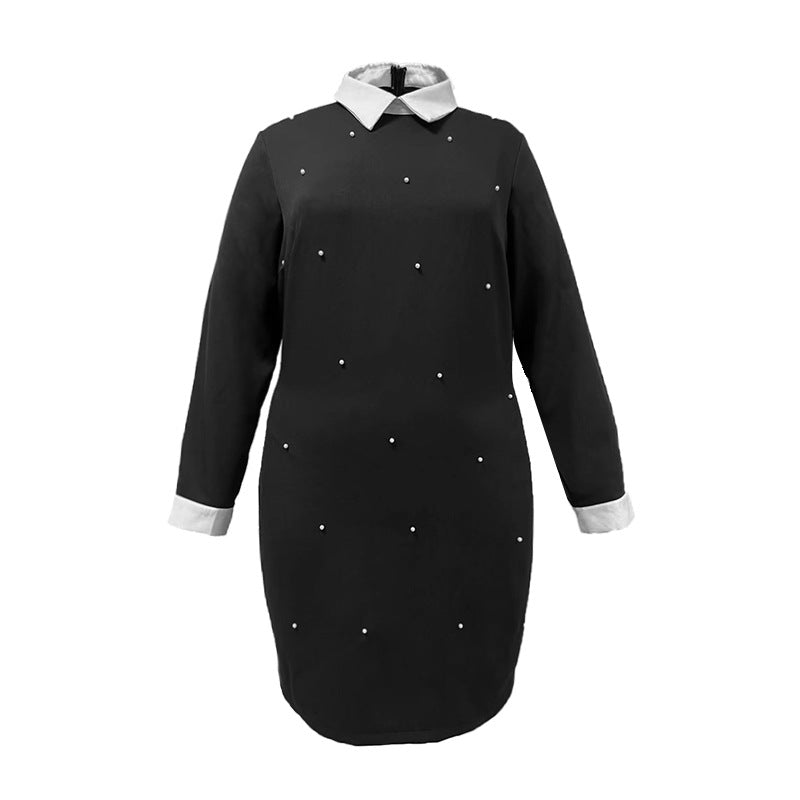 Elegant Lapel Long Sleeve Stitching Contrast Color Beaded Dress