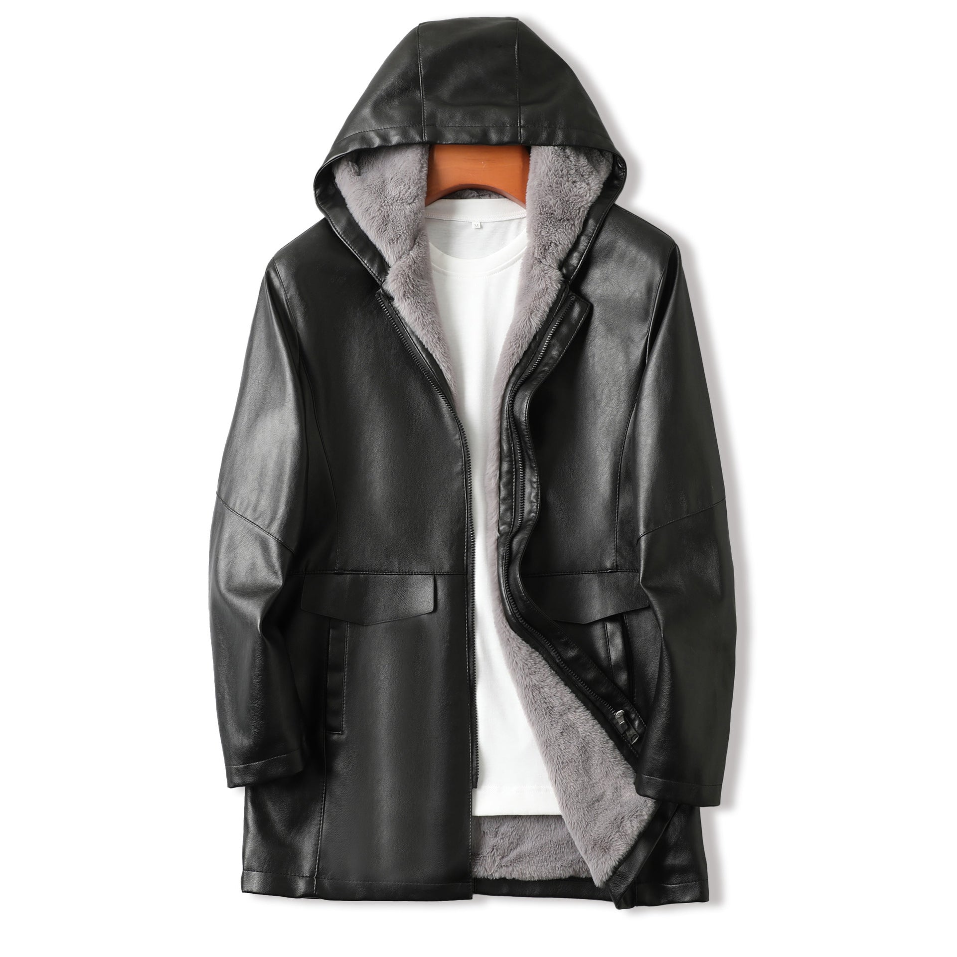 Mid-length Hooded Men's Leather Jacket Fleece-lined Thickened