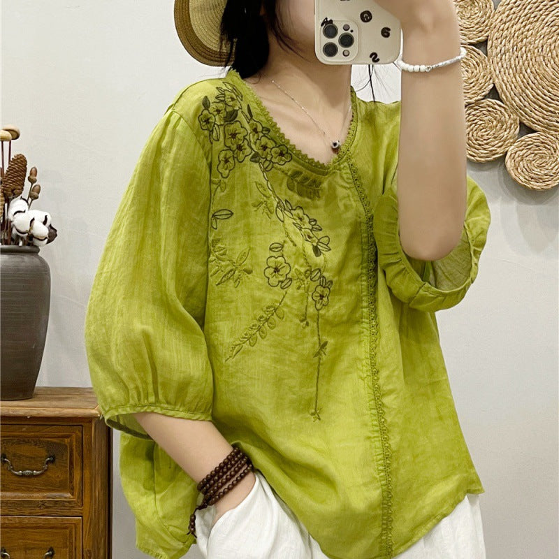 Cotton And Linen Thin Embroidery T-shirt Female Art Blouse