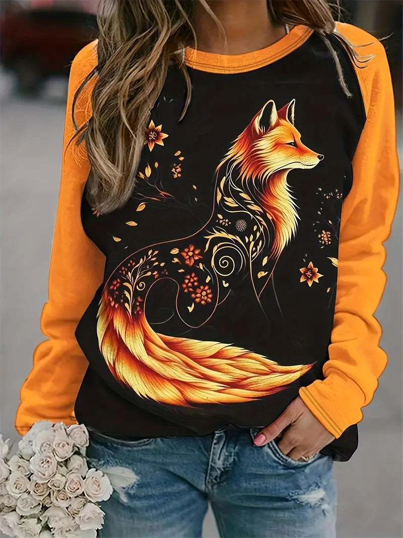 Contrast Color Fox Print Pattern Round Neck Long Sleeve T-shirt