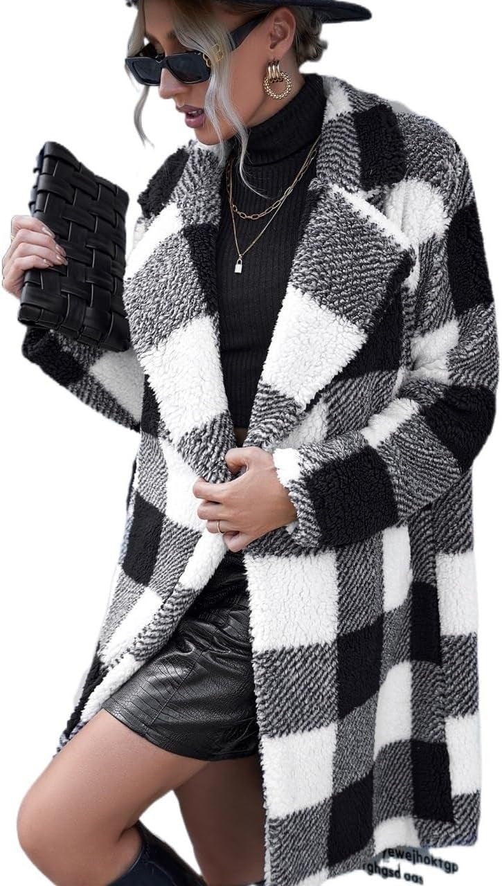 Women's Lapel Long Sleeve Non-buckle Plaid Long Coat