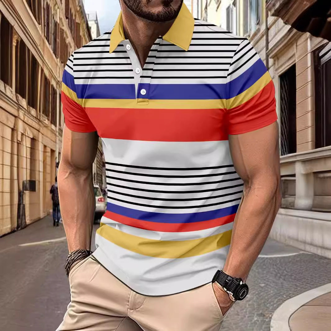 Men's Striped Lapel Short Sleeve Polo Shirt