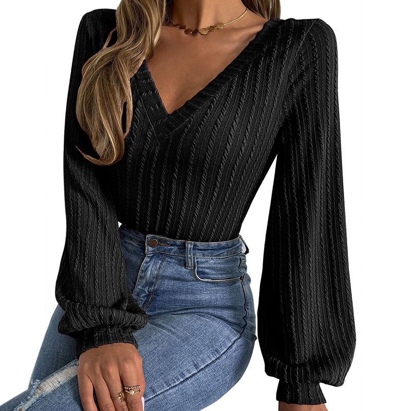 Women's Long-sleeved Shirt Tight Low Collar Lantern Sleeve Sweater