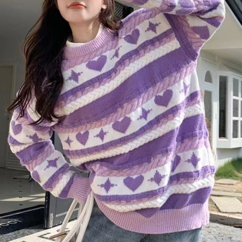 Loose Round Neck Striped Contrast Color Knitted Sweater Women