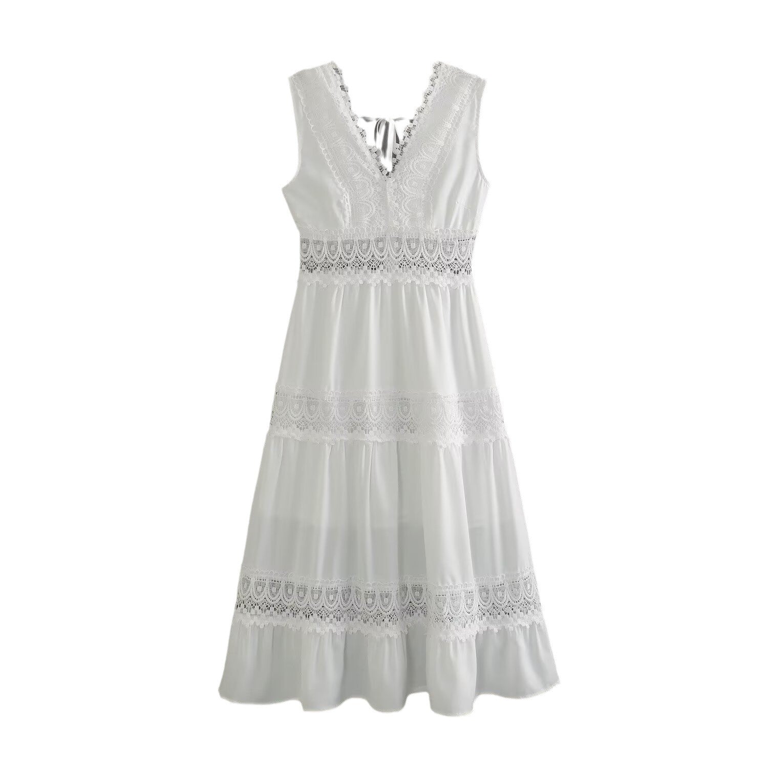 Women's Spring Fashion Simple Lace Stitching White Dress