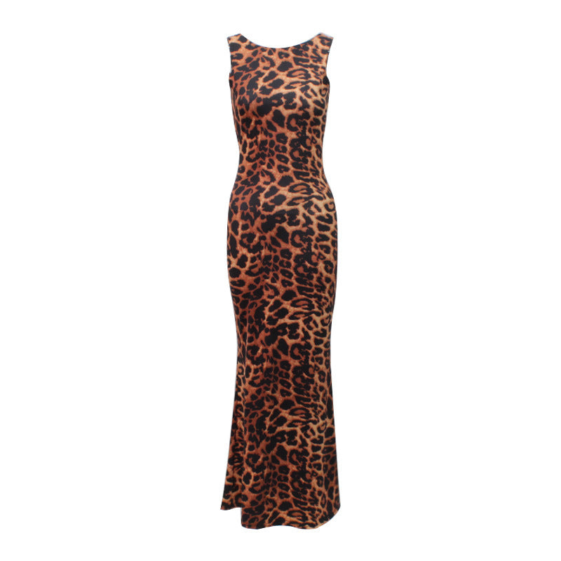 European And American Style Fashion Leopard Print Backless Slim Fit Mid-length Dress