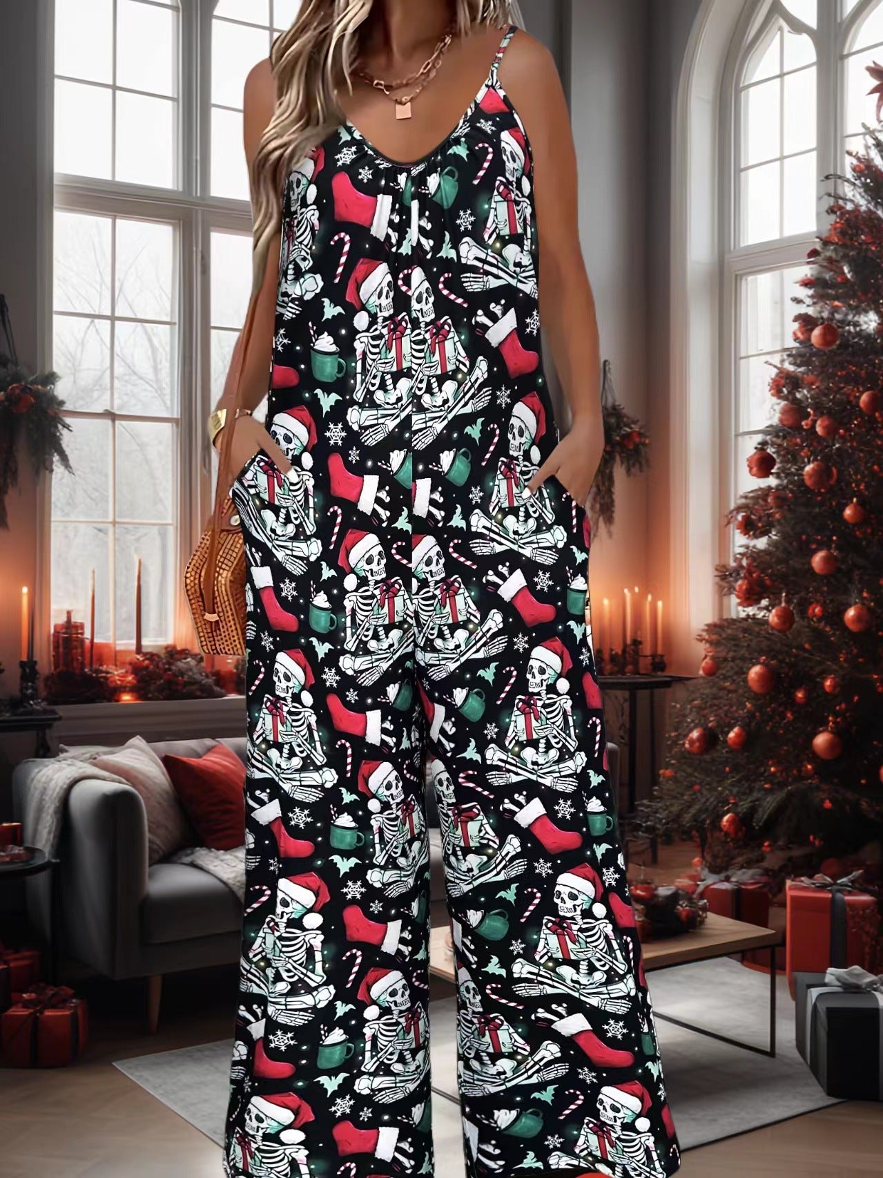 Bohemian Style Printed Pleated Suspenders Jumpsuit