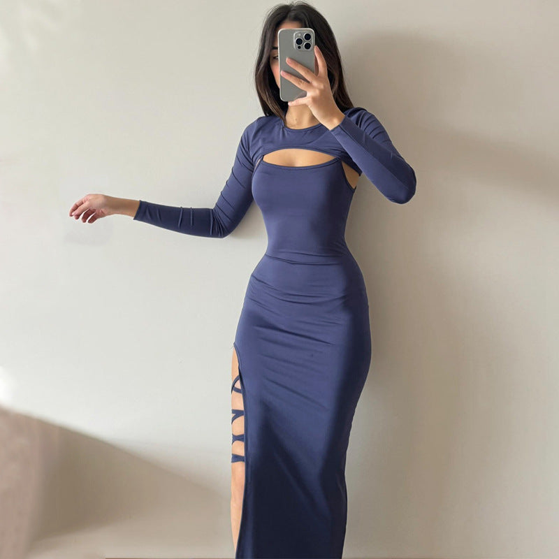 Long-sleeved Shawl Straps Sexy Suspenders Slit Hip Skirt Fashion Suit For Women