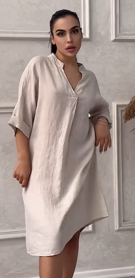 Fashion Cotton Linen Women V-neck Loose Plus Size Dress