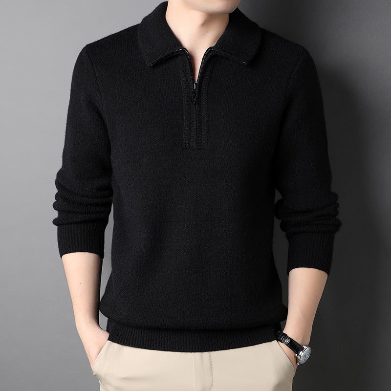 Solid Color Popular Zipper Men's Lapel Knitted Sweater