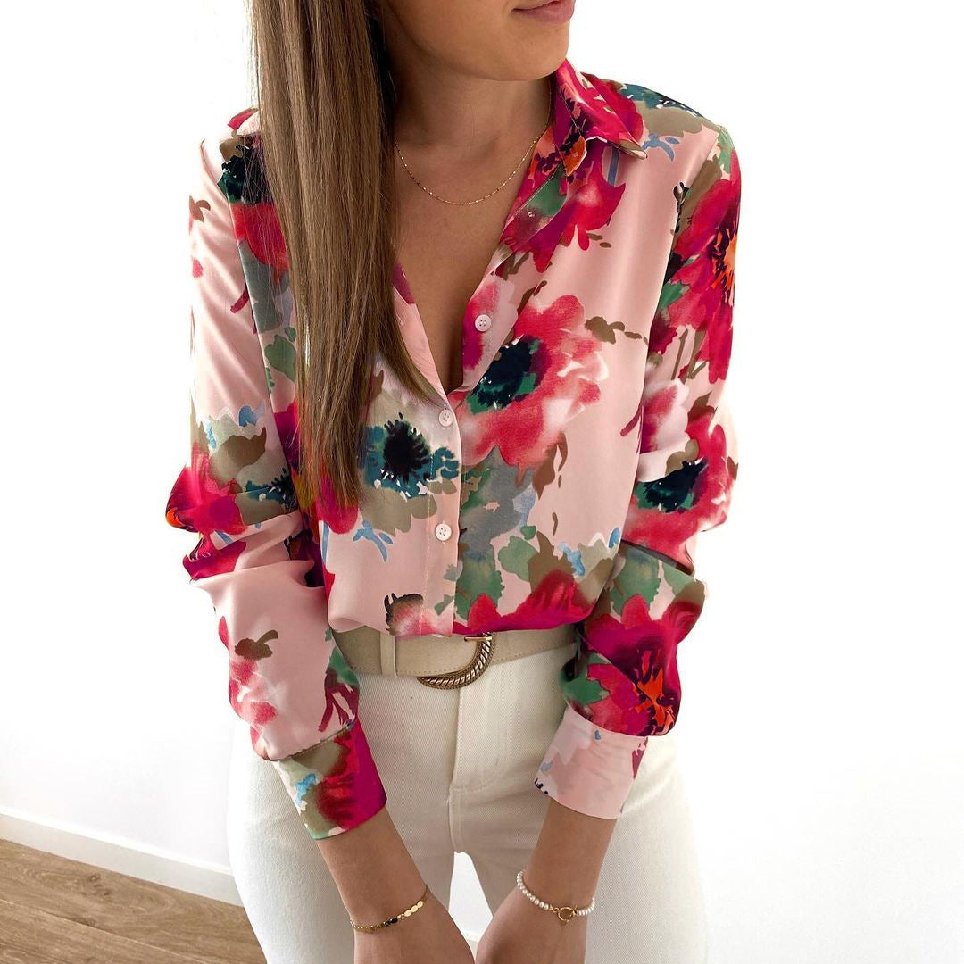 Loose Lapel Printed Long-sleeve Shirt