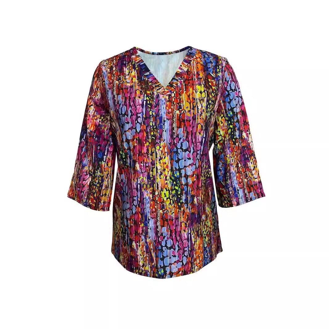 Women's V-neck Loose Three-quarter-length-sleeved T-shirt Colorful Printing