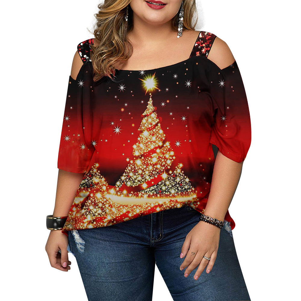 Women's Christmas Tree Print Off-shoulder Loose Short Sleeve Plus Size T-shirt Top