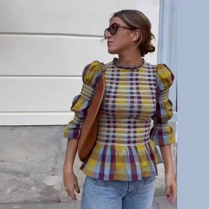 Fashion Ruffles Pleated Plaid Round Neck Long Sleeve Top Women's Clothing