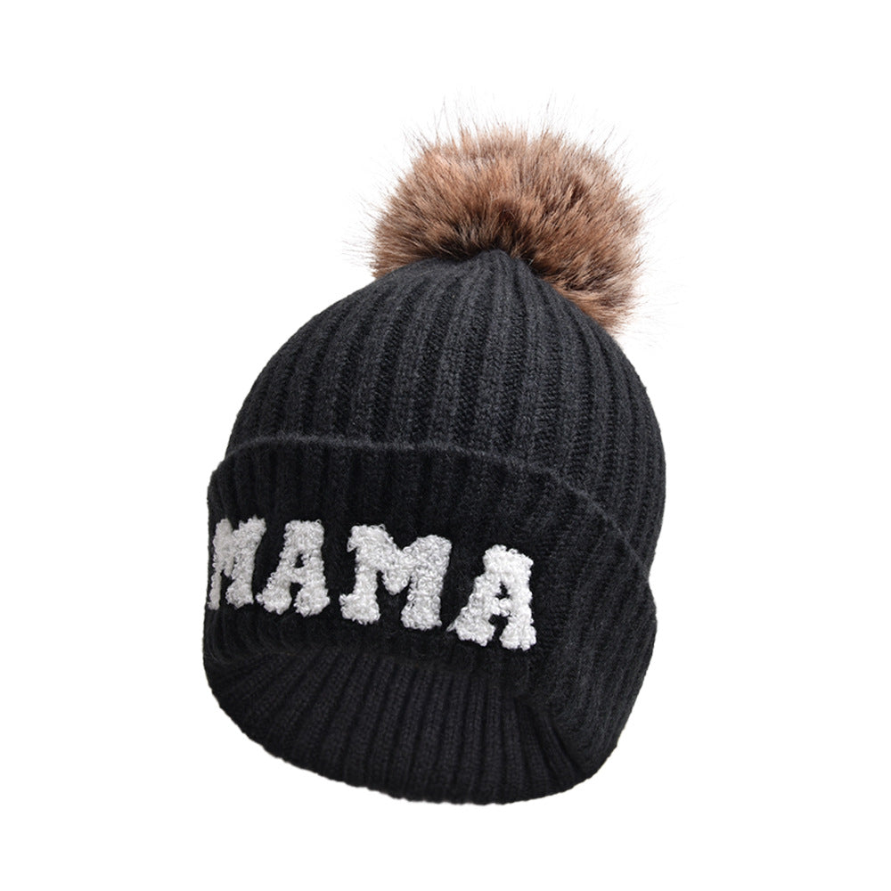 Letter MAMA Woolen Cap Outdoor Fur Ball Warm Hat